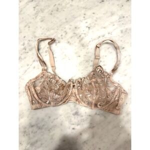 Cacique 40D Nude Embroidered Lace Underwire Balconette Bra Mesh Sheer Floral